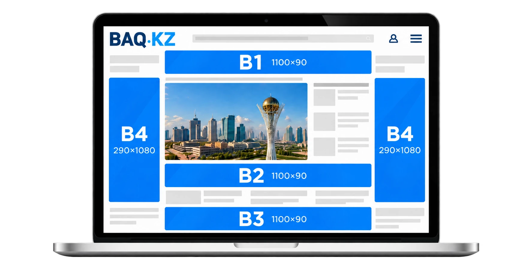 Схема баннерных мест на главной странице Baq.kz: B1, B2, B3 — 1100×90, B4 слева и справа — 290×1080